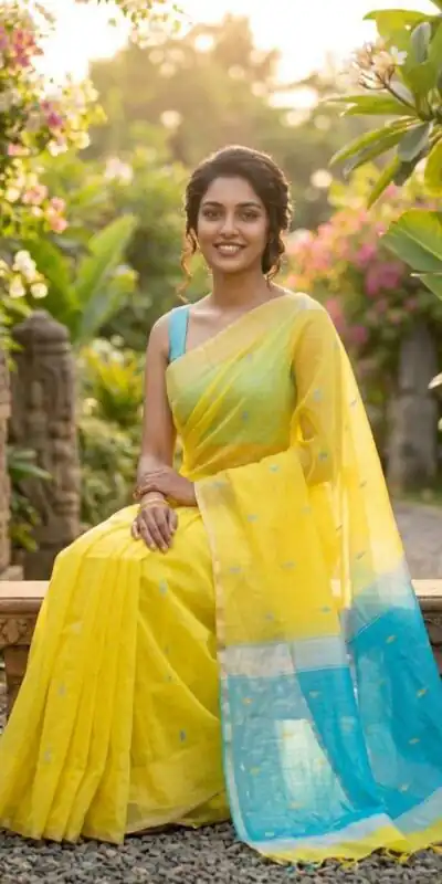 Alternative view of Perfect Yellow Soft Lilan Slab Weaving Work Saree