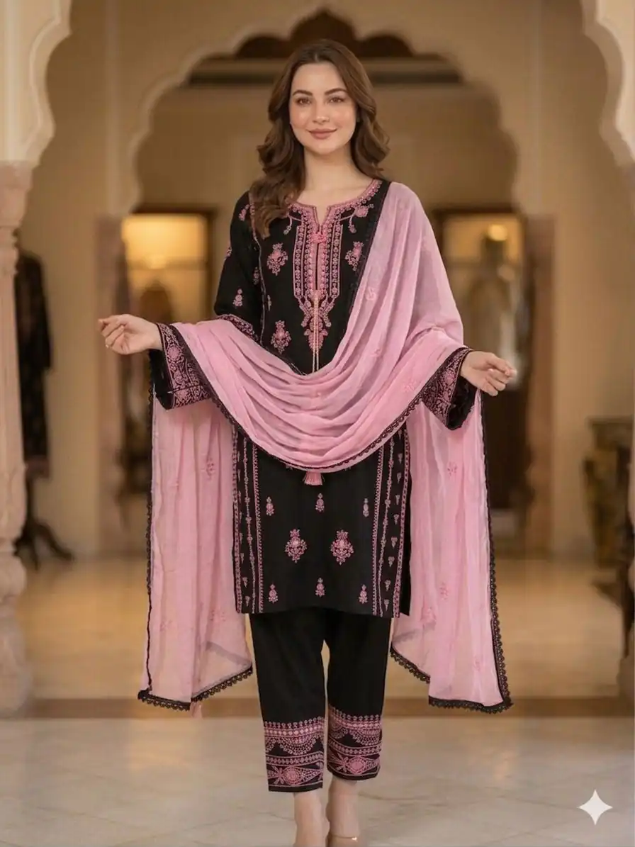 Pretty Black Faux Georgette Mirror Embroidery Work Salwar Suit