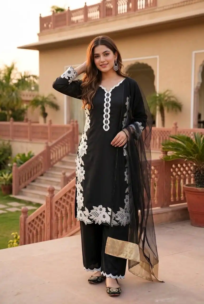 Pretty Black Natural Silk Embroidery Work Salwar Suit