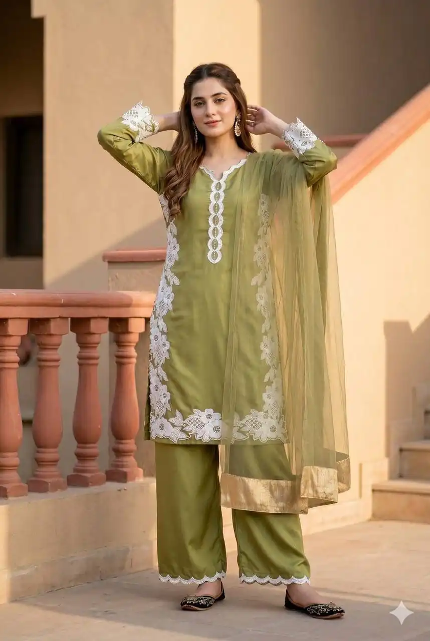 Pretty Mehandi Natural Silk Embroidery Work Salwar Suit - Image 3