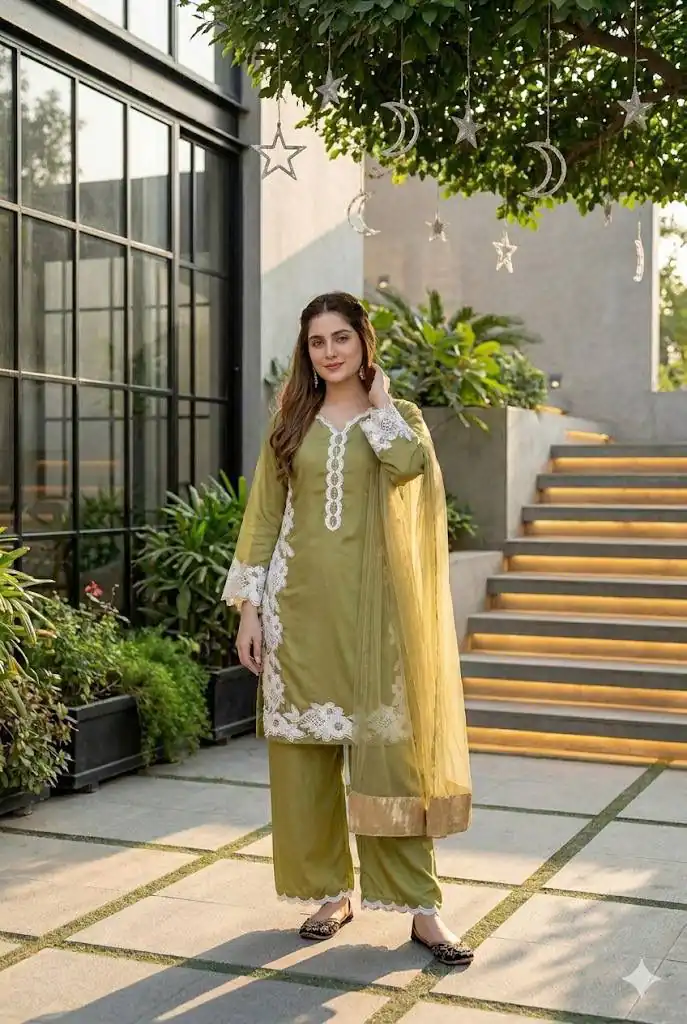 Pretty Mehandi Natural Silk Embroidery Work Salwar Suit - Image 2