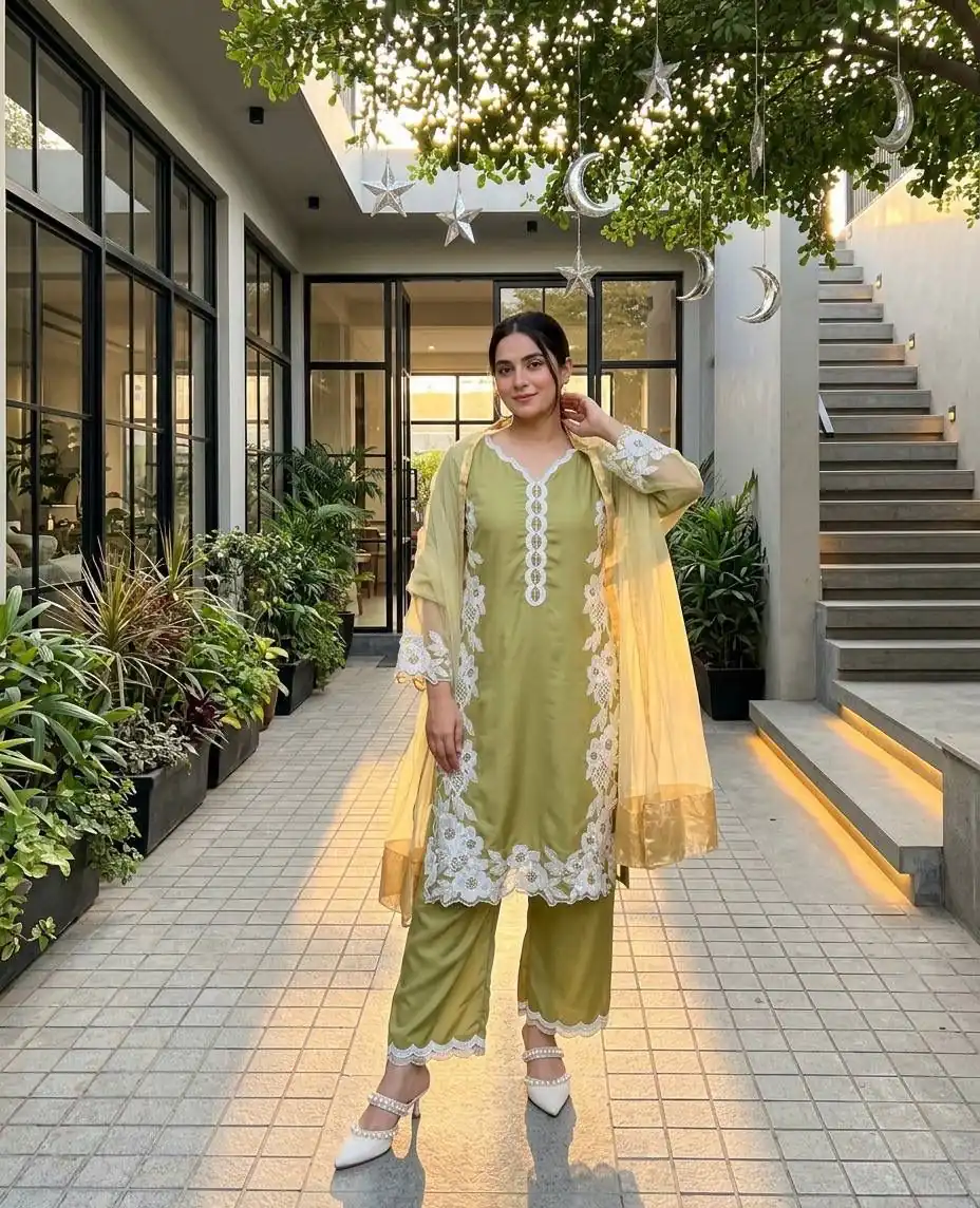Pretty Mehandi Natural Silk Embroidery Work Salwar Suit