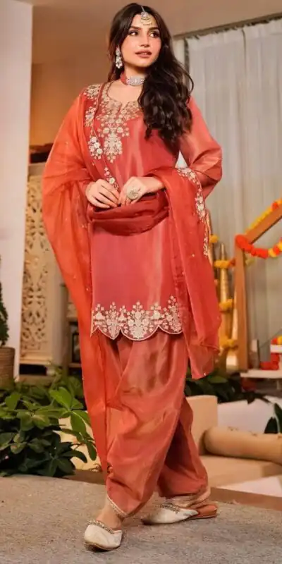 Alternative view of Pretty Orange Fandy Satin Embroidery Work Salwar Suit