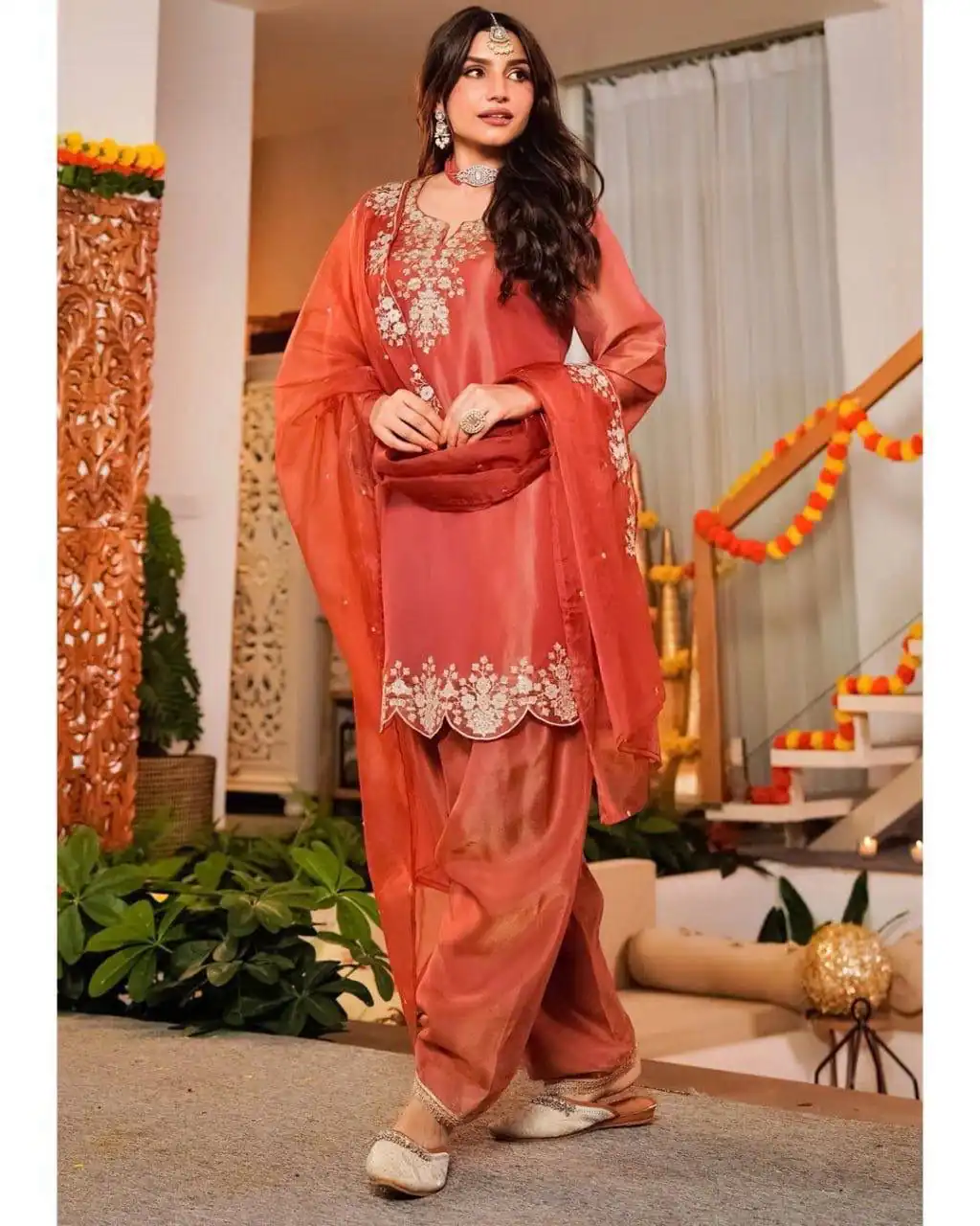 Pretty Orange Fandy Satin Embroidery Work Salwar Suit - Image 2