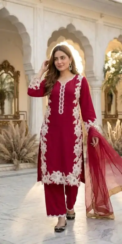 Alternative view of Pretty Red Natural Silk Embroidery Work Salwar Suit