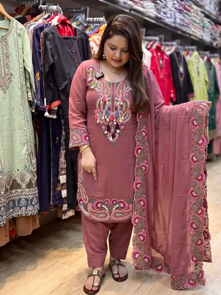 Pretty Rust Georgette Embroidery Work Salwar Suit - Image 3