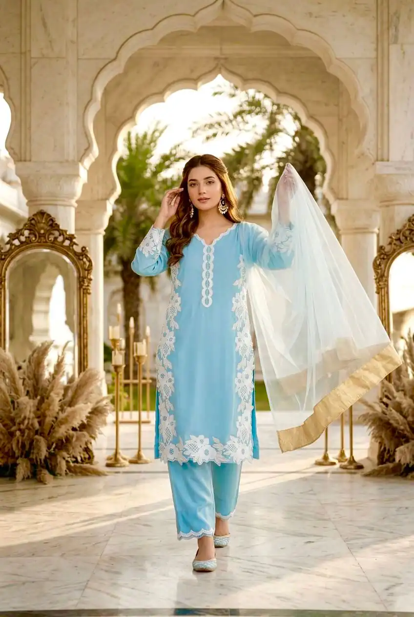Pretty Sky Blue Natural Silk Embroidery Work Salwar Suit - Image 3