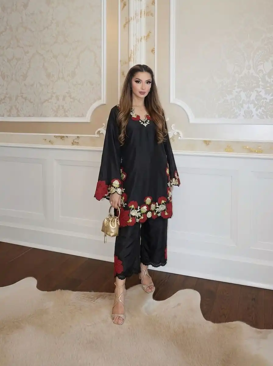 Shiny Black Roman Glass Embroidery Work Salwar Suit - Image 4