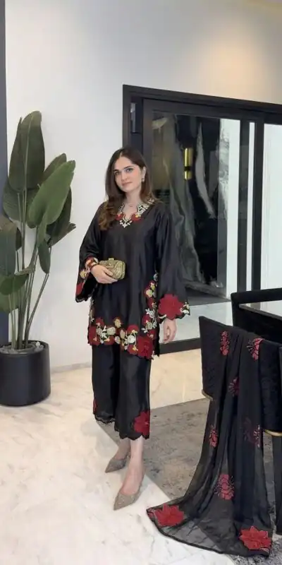 Shiny Black Roman Glass Embroidery Work Salwar Suit