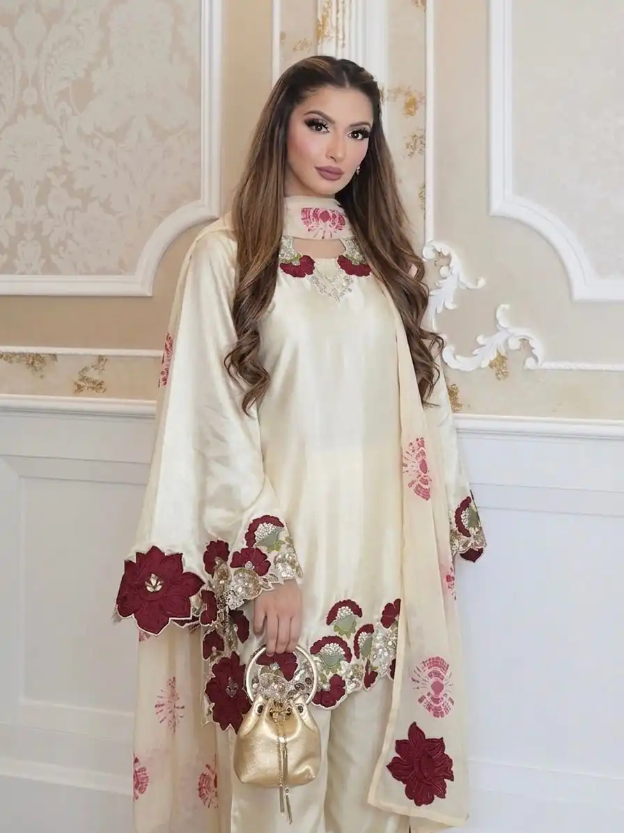 Shiny Cream Roman Glass Embroidery Work Salwar Suit - Image 5