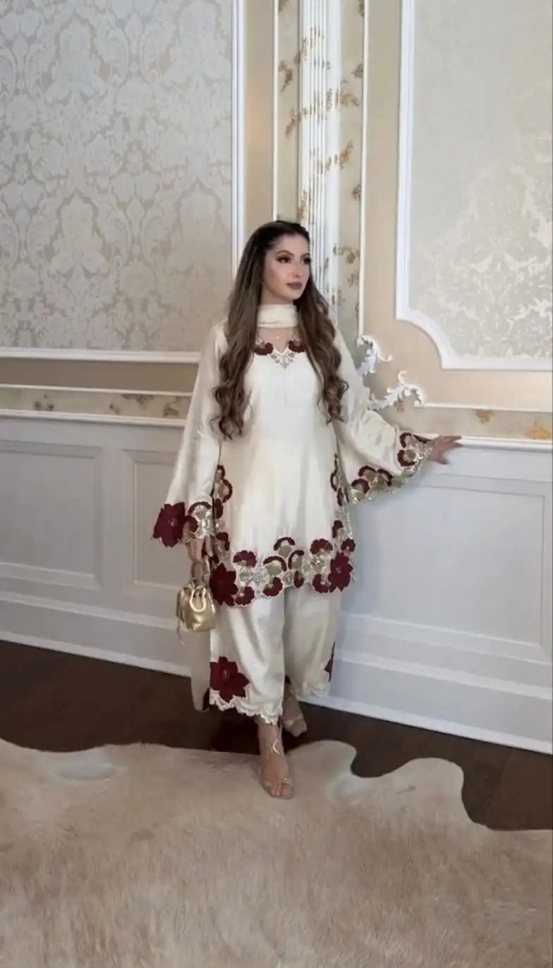 Shiny Cream Roman Glass Embroidery Work Salwar Suit - Image 3