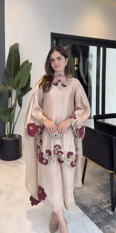Shiny Light Pink Roman Glass Embroidery Work Salwar Suit