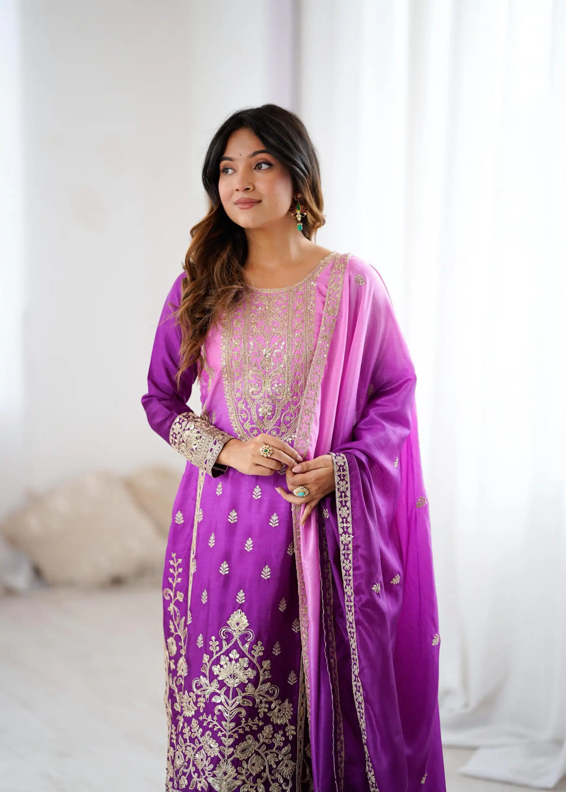 Shiny Purple Shaded Chinon Silk Embroidery Work Salwar Suit - Image 5