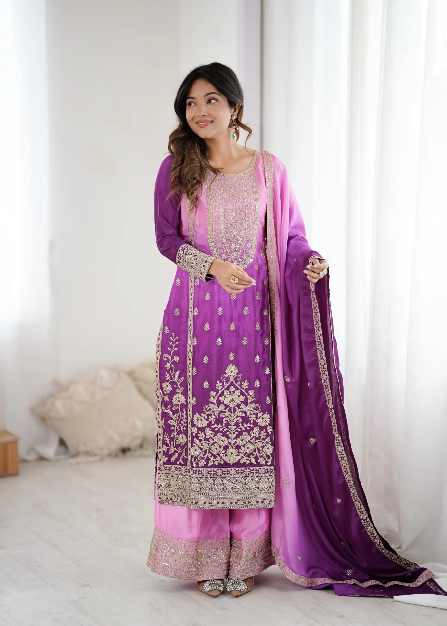 Shiny Purple Shaded Chinon Silk Embroidery Work Salwar Suit