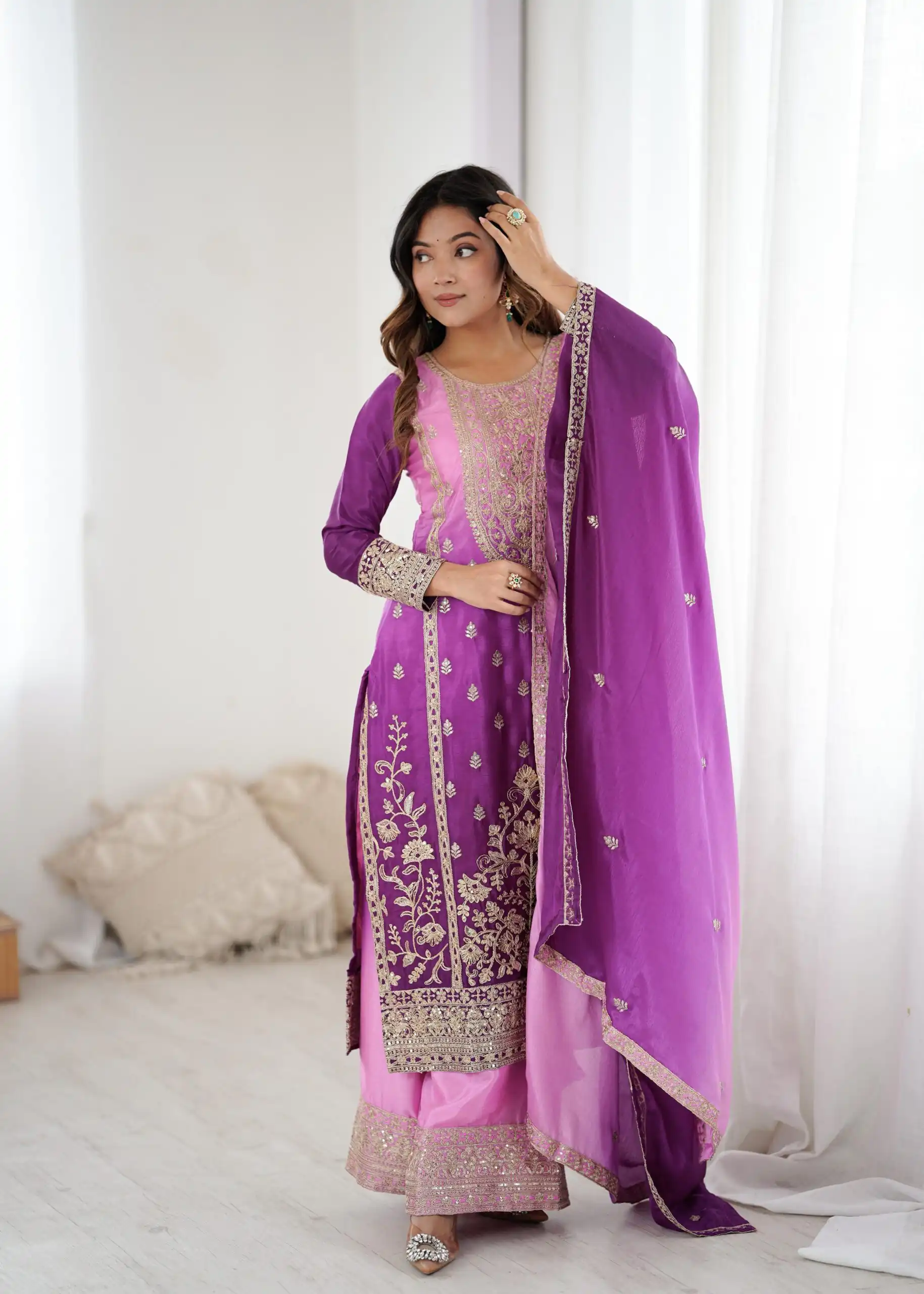 Shiny Purple Shaded Chinon Silk Embroidery Work Salwar Suit - Image 4