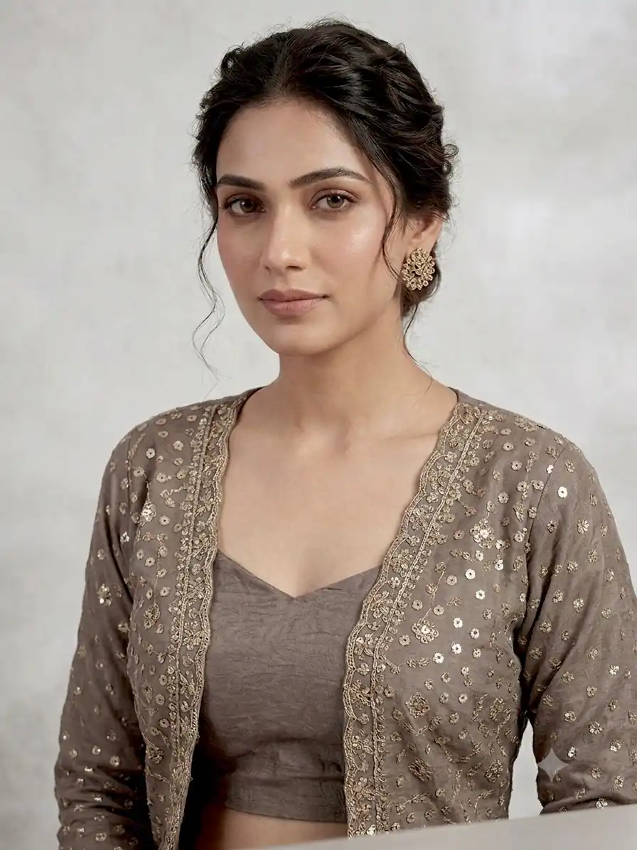 Solid Brown Chinon Embroidery Work Salwar Suit - Image 3