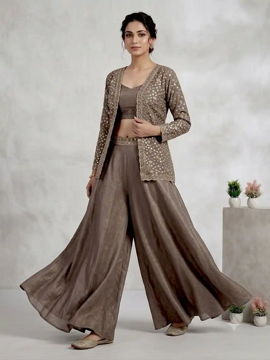 Solid Brown Chinon Embroidery Work Salwar Suit - Image 2