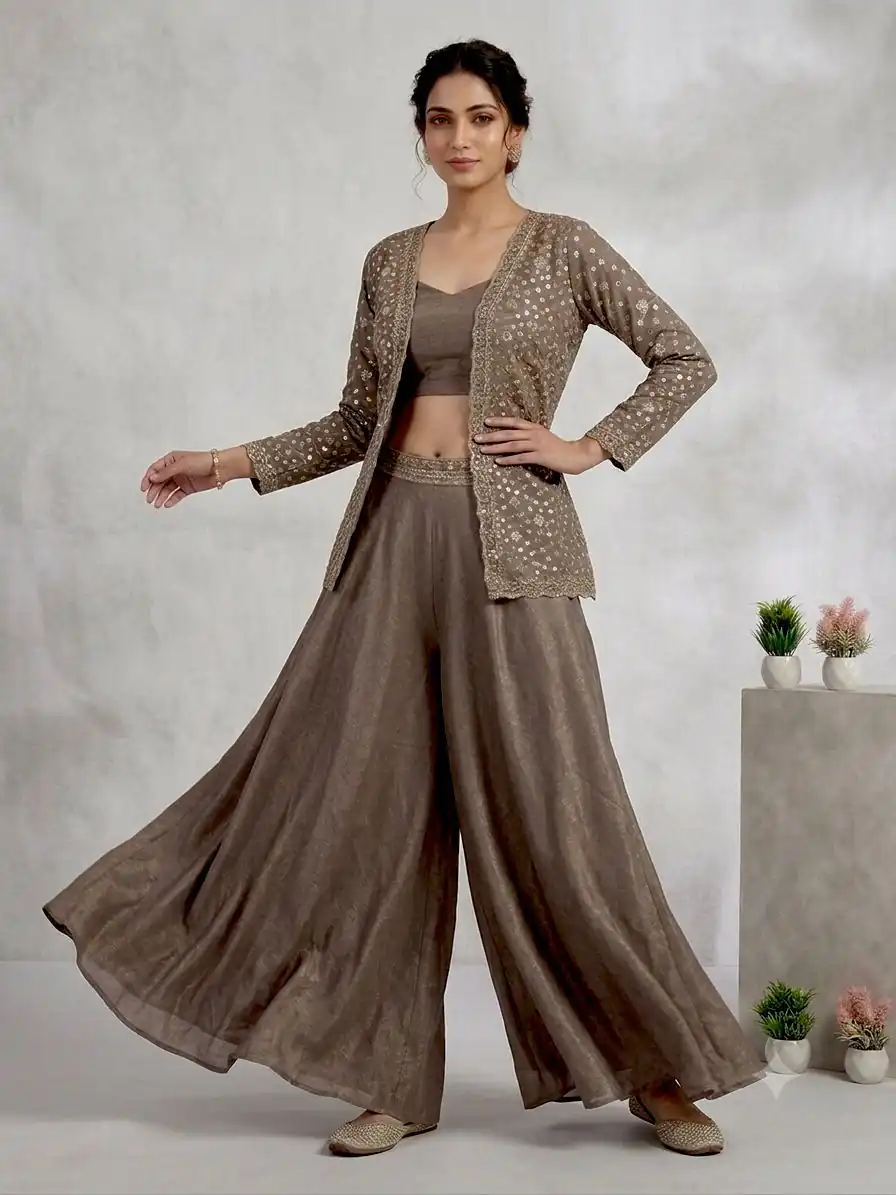 Solid Brown Chinon Embroidery Work Salwar Suit