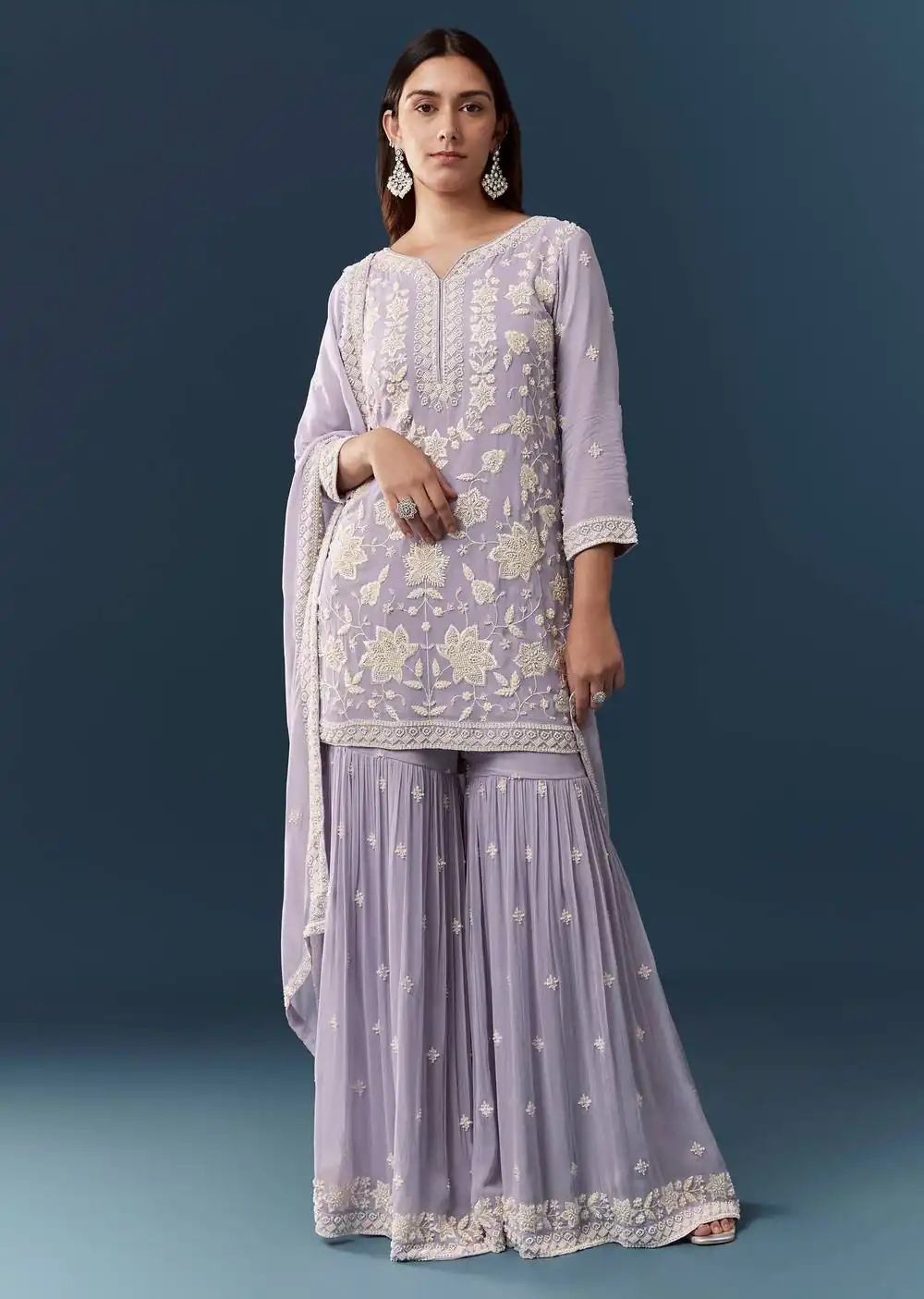 Solid Lavender Chiffon Georgette Embroider Work Salwar Suit - Image 6