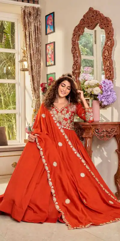 Alternative view of Stunning Orange Vichitra Embroider Work Gown