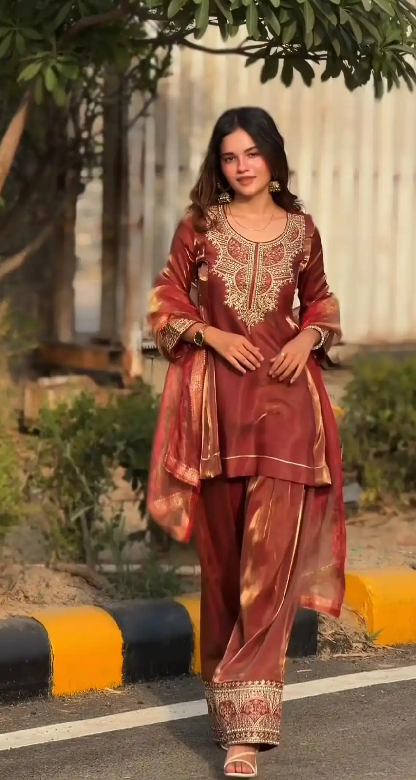Stunning Rust Fandy Silk Embroidery Work Salwar Suit - Image 2