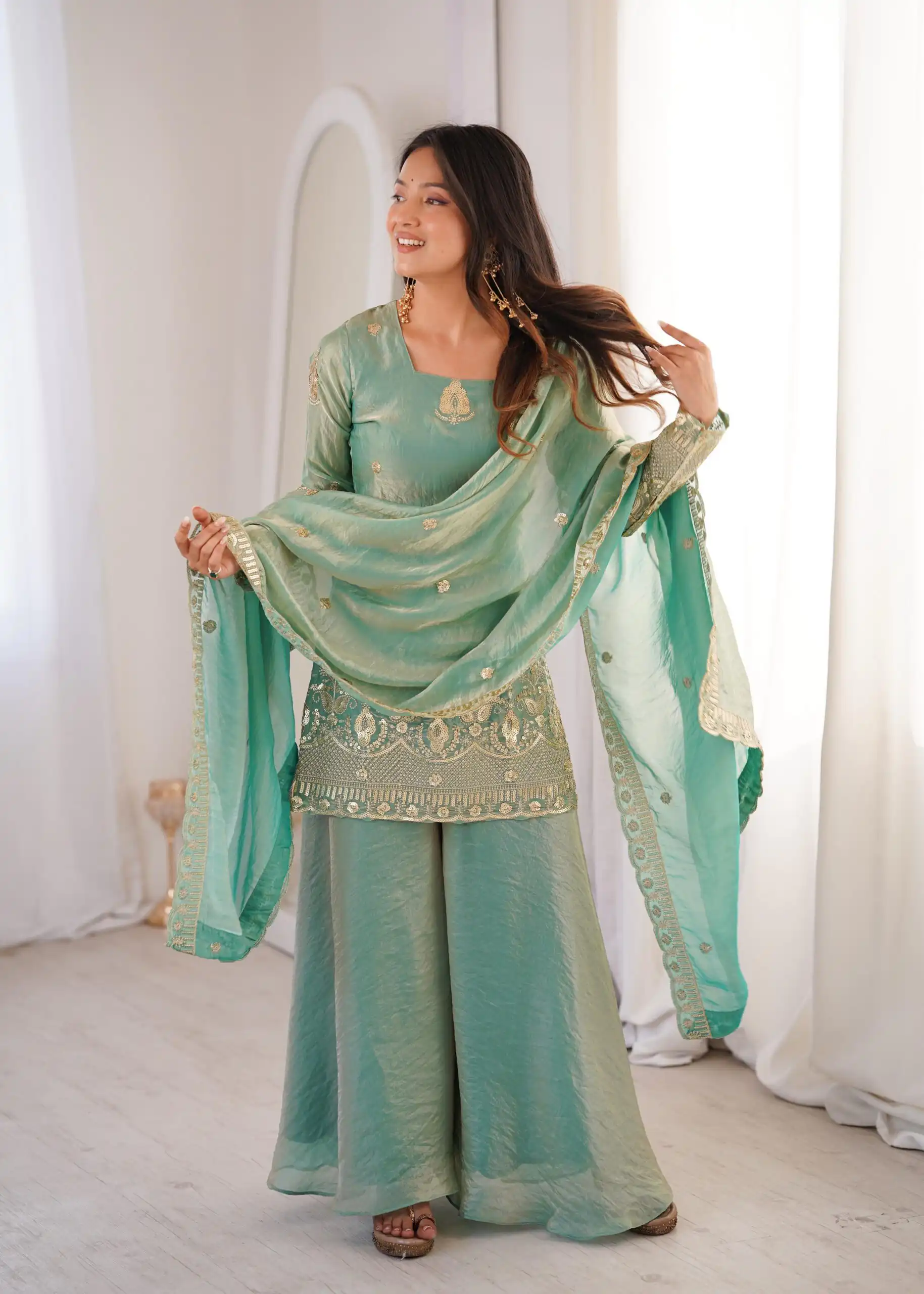 Stunning Sea Green Fendy Silk Embroidery Work Salwar Suit - Image 5