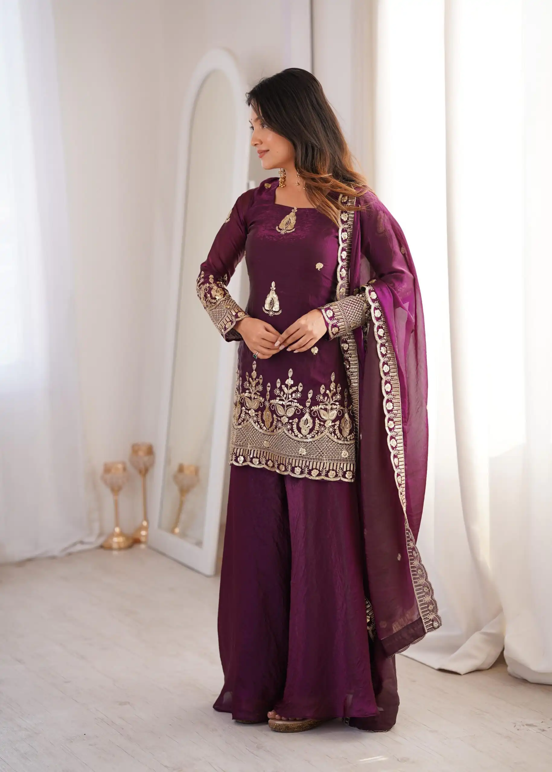 Stunning Wine Fendy Silk Embroidery Work Salwar Suit - Image 2