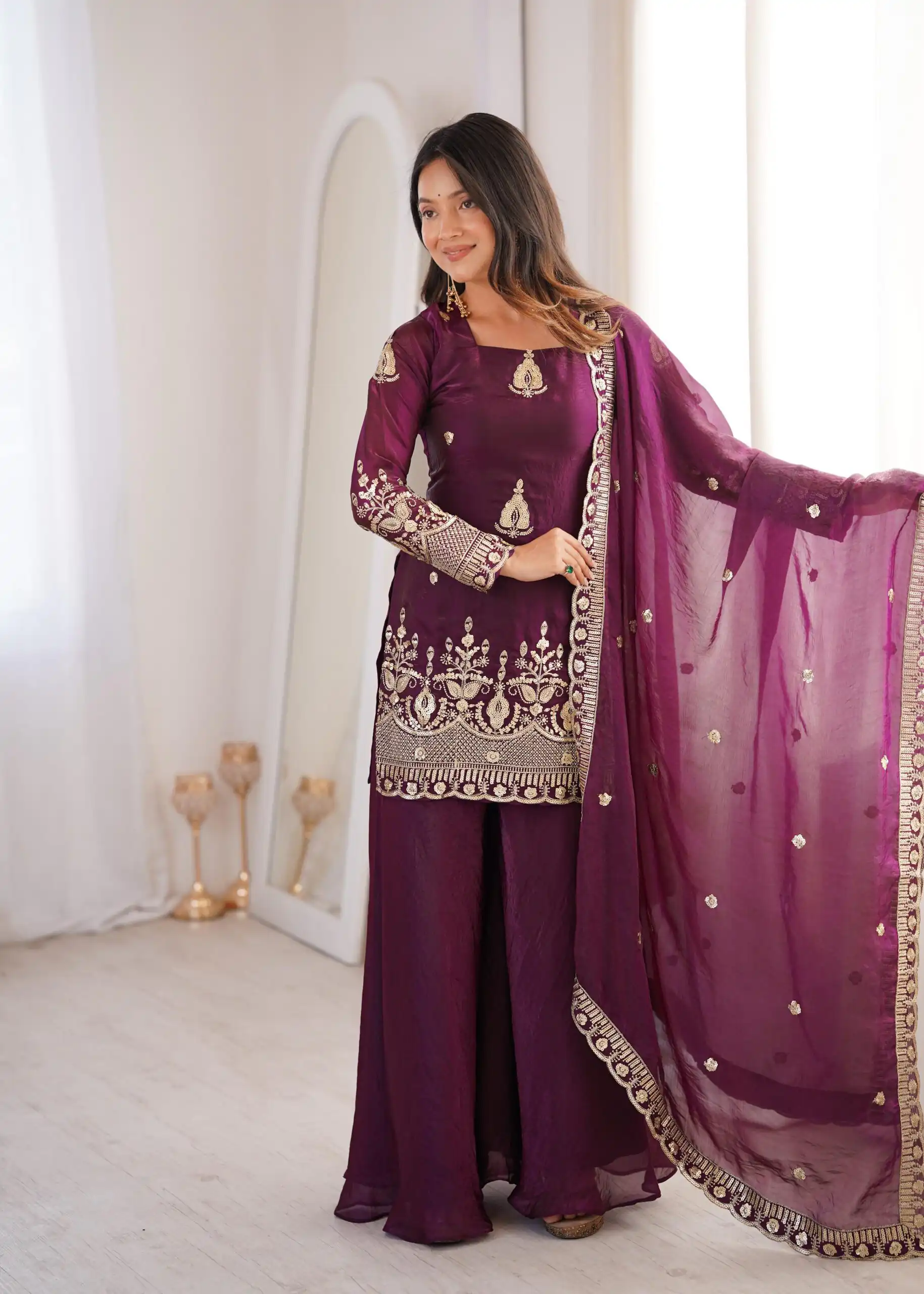 Stunning Wine Fendy Silk Embroidery Work Salwar Suit
