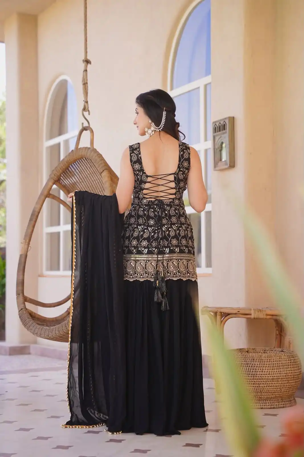 Stylist Black Blooming Faux Georgette Embroidery Work Salwar Suit - Image 4