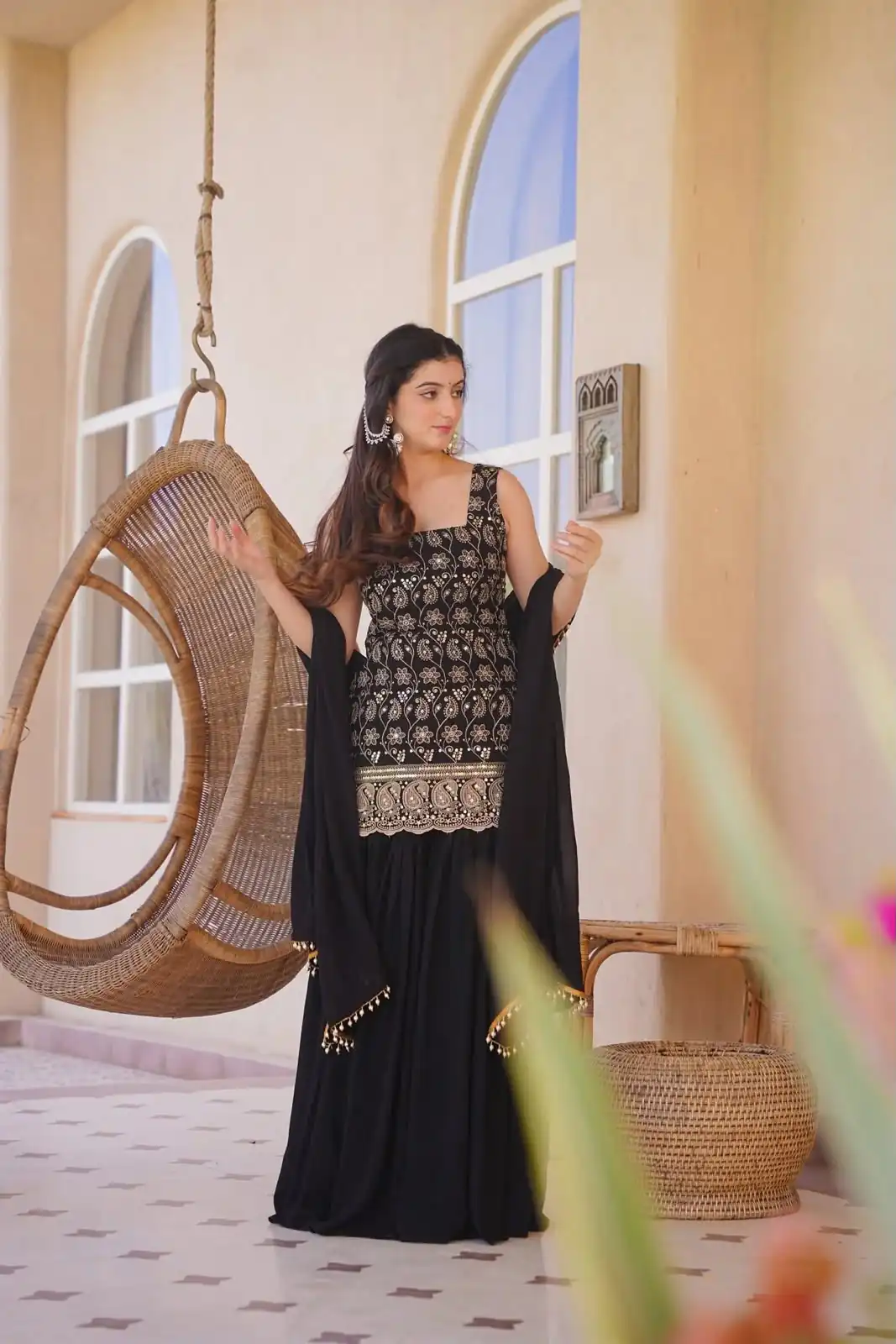 Stylist Black Blooming Faux Georgette Embroidery Work Salwar Suit - Image 2
