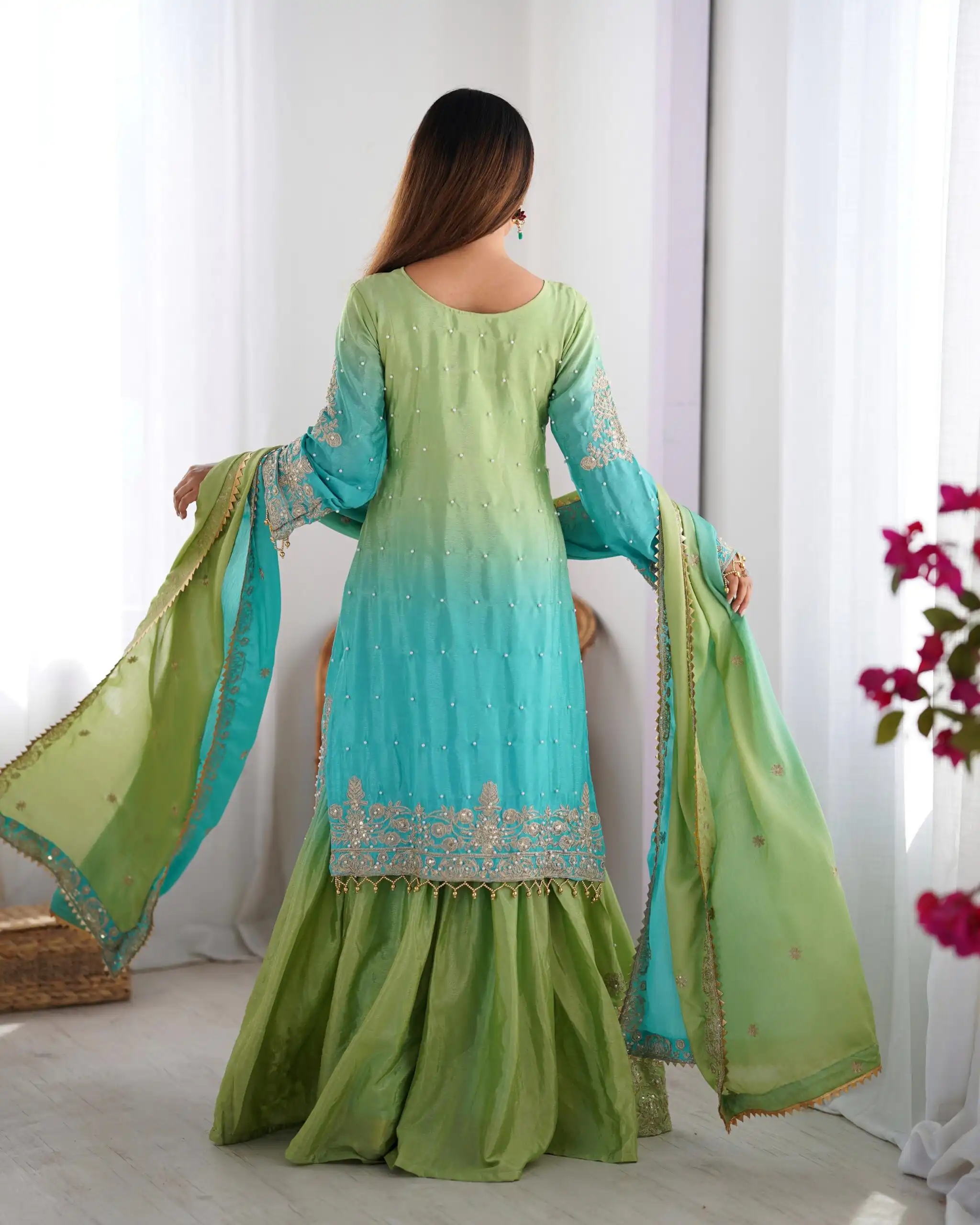 Stylist Green Chinon Silk Sequence Work Salwar Suit - Image 5