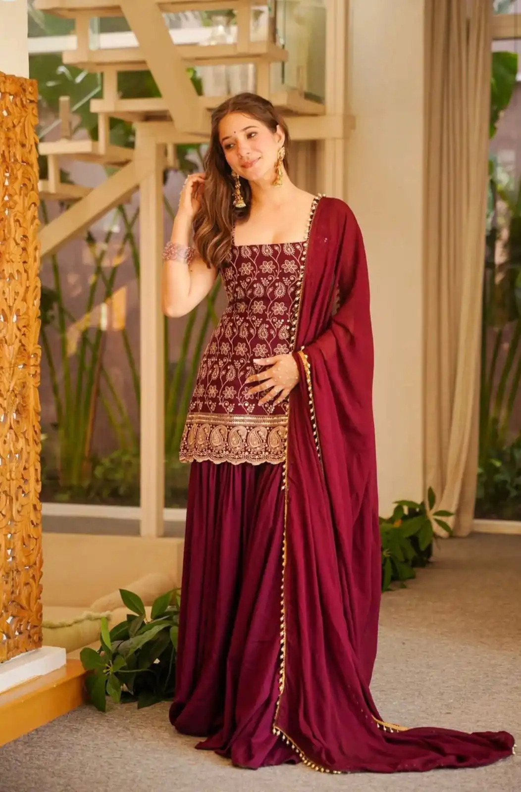 Stylist Red Blooming Faux Georgette Embroidery Work Salwar Suit - Image 3