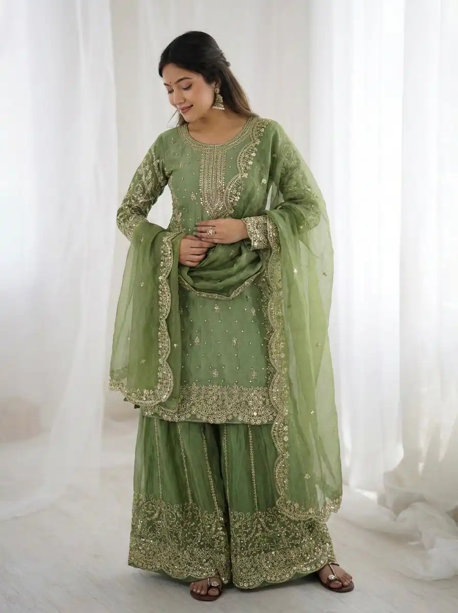 Super Green Fendy Silk Embroidery Work Salwar Suit - Image 3