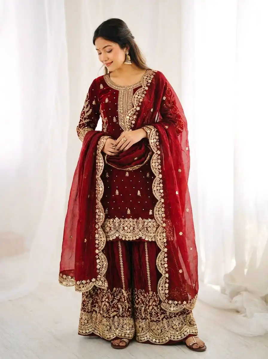 Super Maroon Fendy Silk Embroidery Work Salwar Suit - Image 3