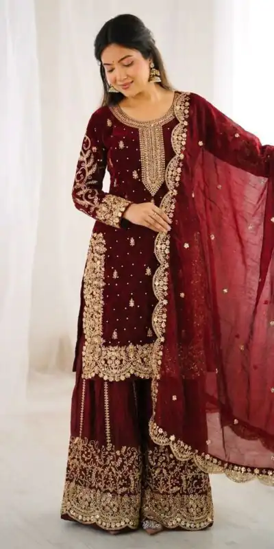 Super Maroon Fendy Silk Embroidery Work Salwar Suit