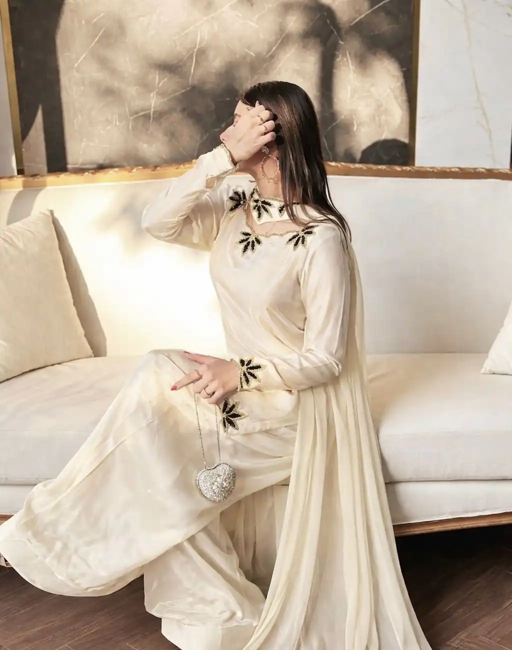 Super Off White Natural Crep Embroidery Work Salwar Suit - Image 5