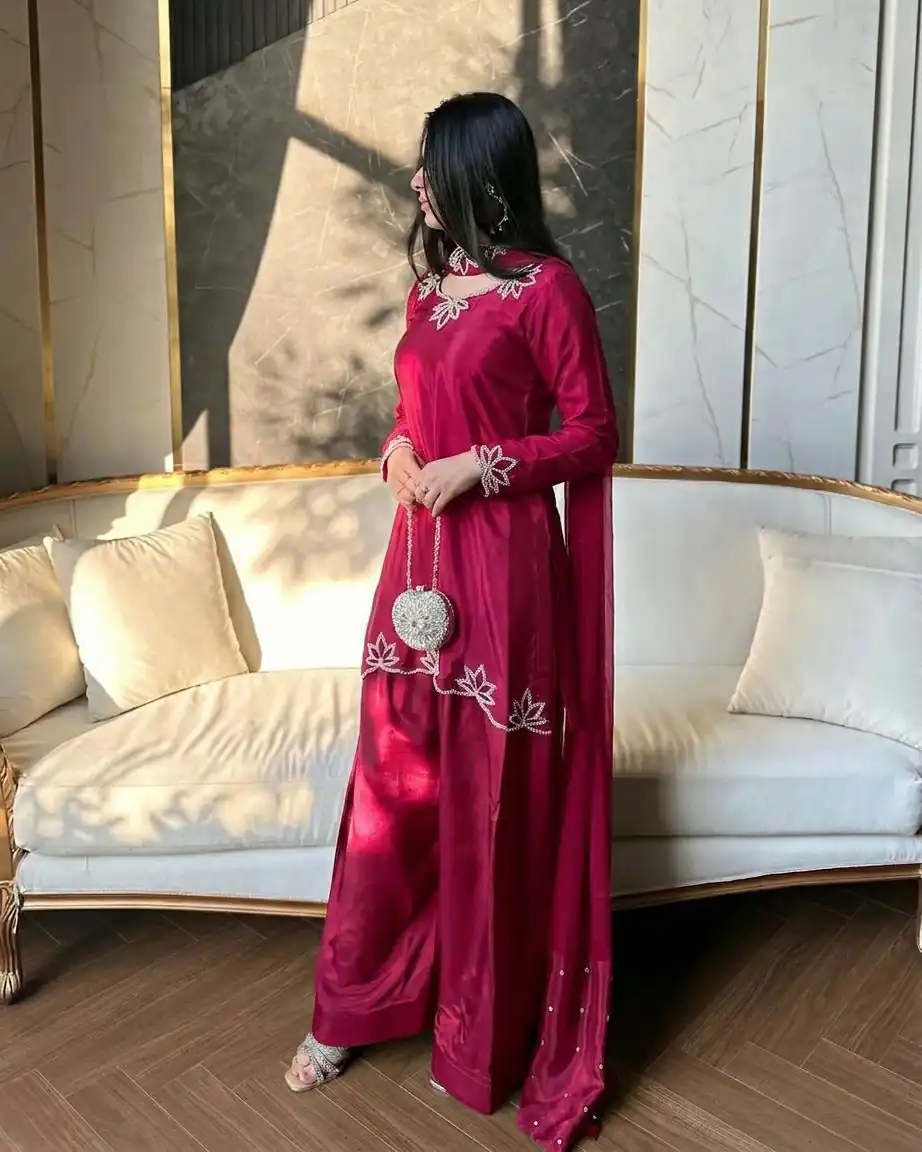 Super Pink Natural Crep Embroidery Work Salwar Suit