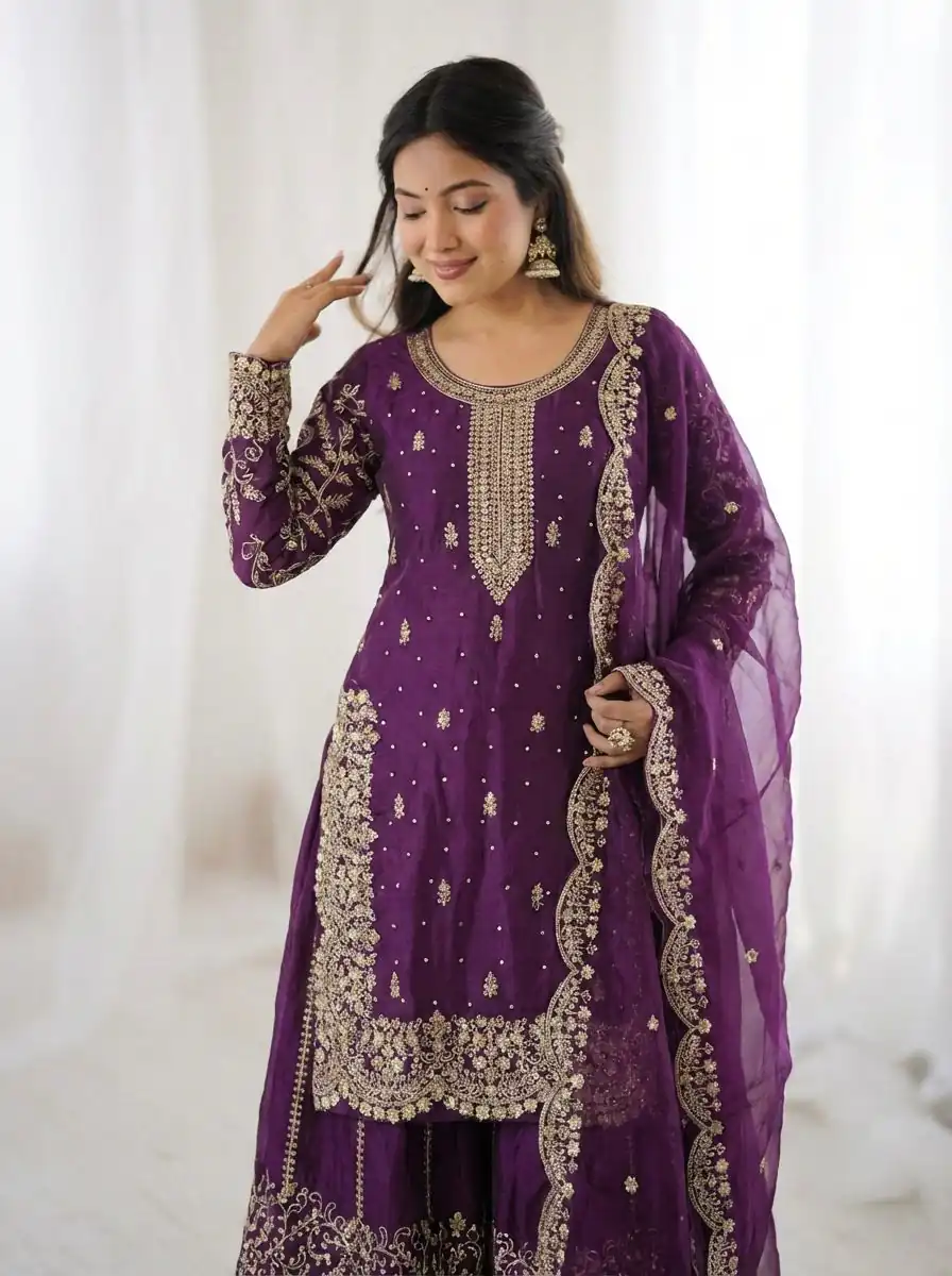 Super Purple Fendy Silk Embroidery Work Salwar Suit - Image 6