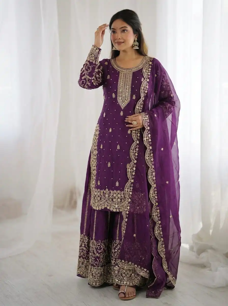 Super Purple Fendy Silk Embroidery Work Salwar Suit - Image 3