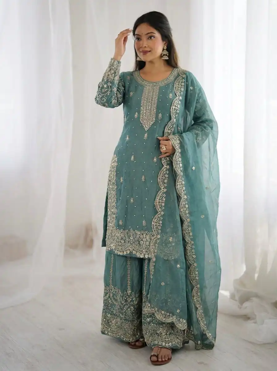 Super Sea Green Fendy Silk Embroidery Work Salwar Suit