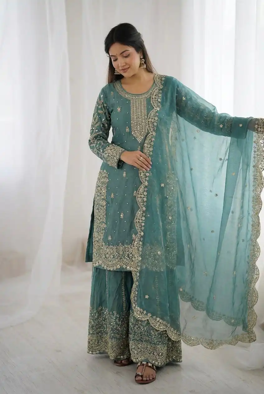 Super Sea Green Fendy Silk Embroidery Work Salwar Suit - Image 7