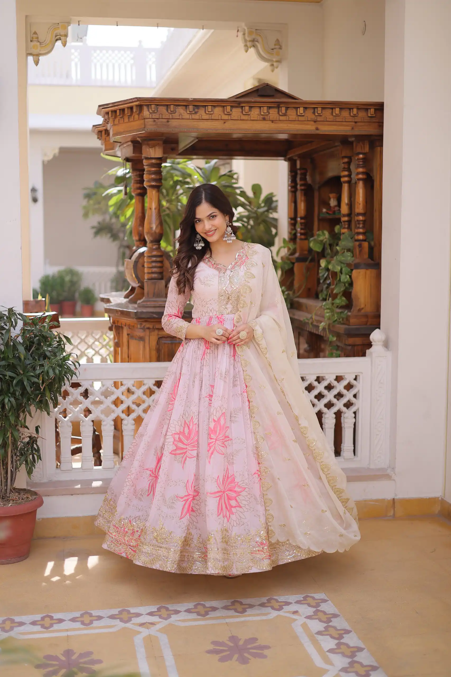 Traditional Cream Russian Silk Embroidery Work Gown - Image 4