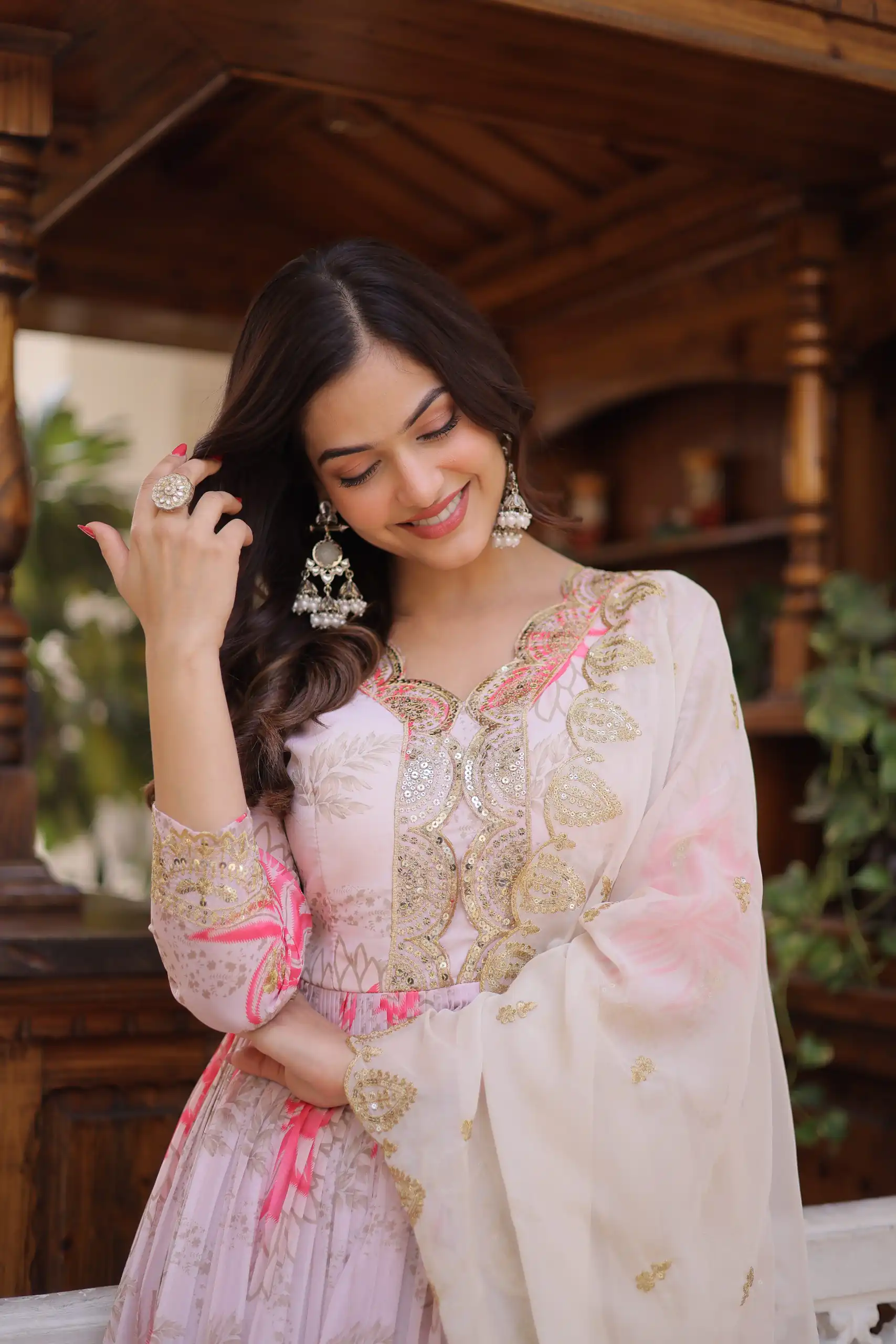 Traditional Cream Russian Silk Embroidery Work Gown - Image 3