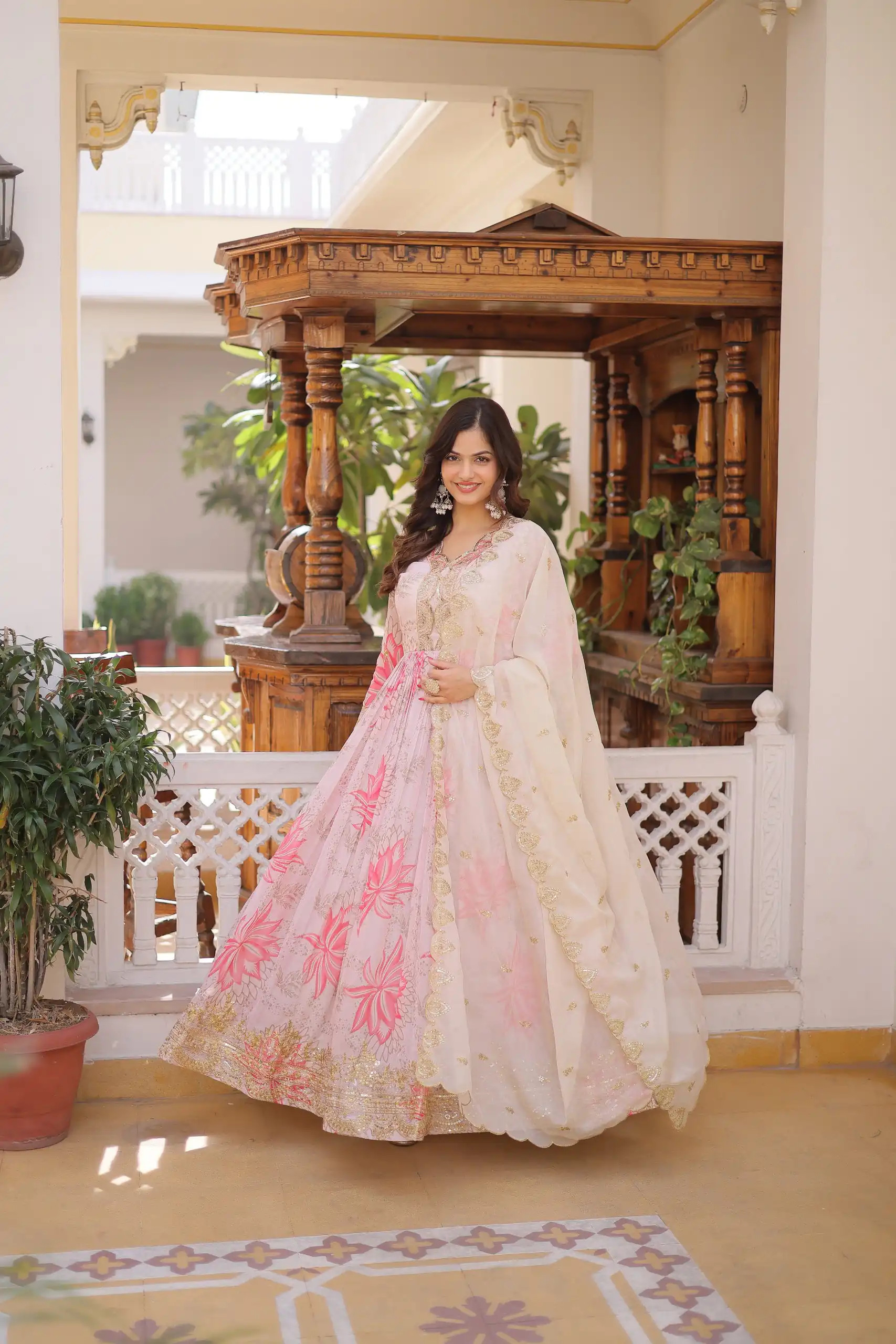 Traditional Cream Russian Silk Embroidery Work Gown