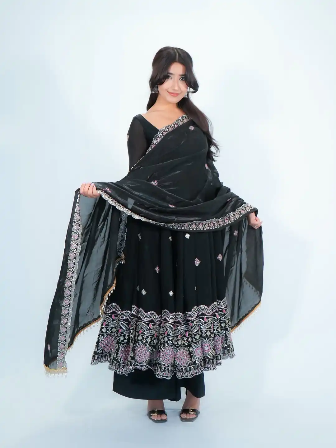 Trendy Black Fendy Silk Thread Work Anarkali Suit