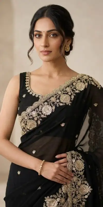 Alternative view of Trendy Black Space Silk Embroidery Zari Work Saree