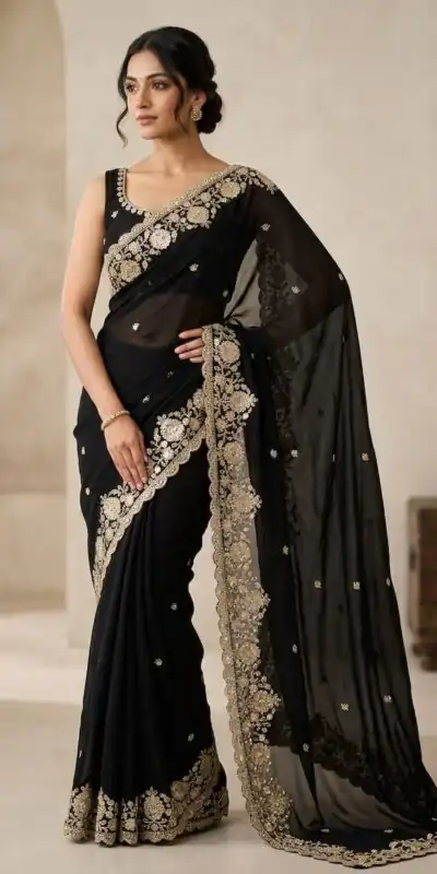 Trendy Black Space Silk Embroidery Zari Work Saree