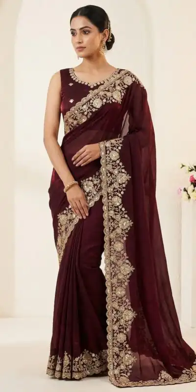 Trendy Maroon Space Silk Embroidery Zari Work Saree