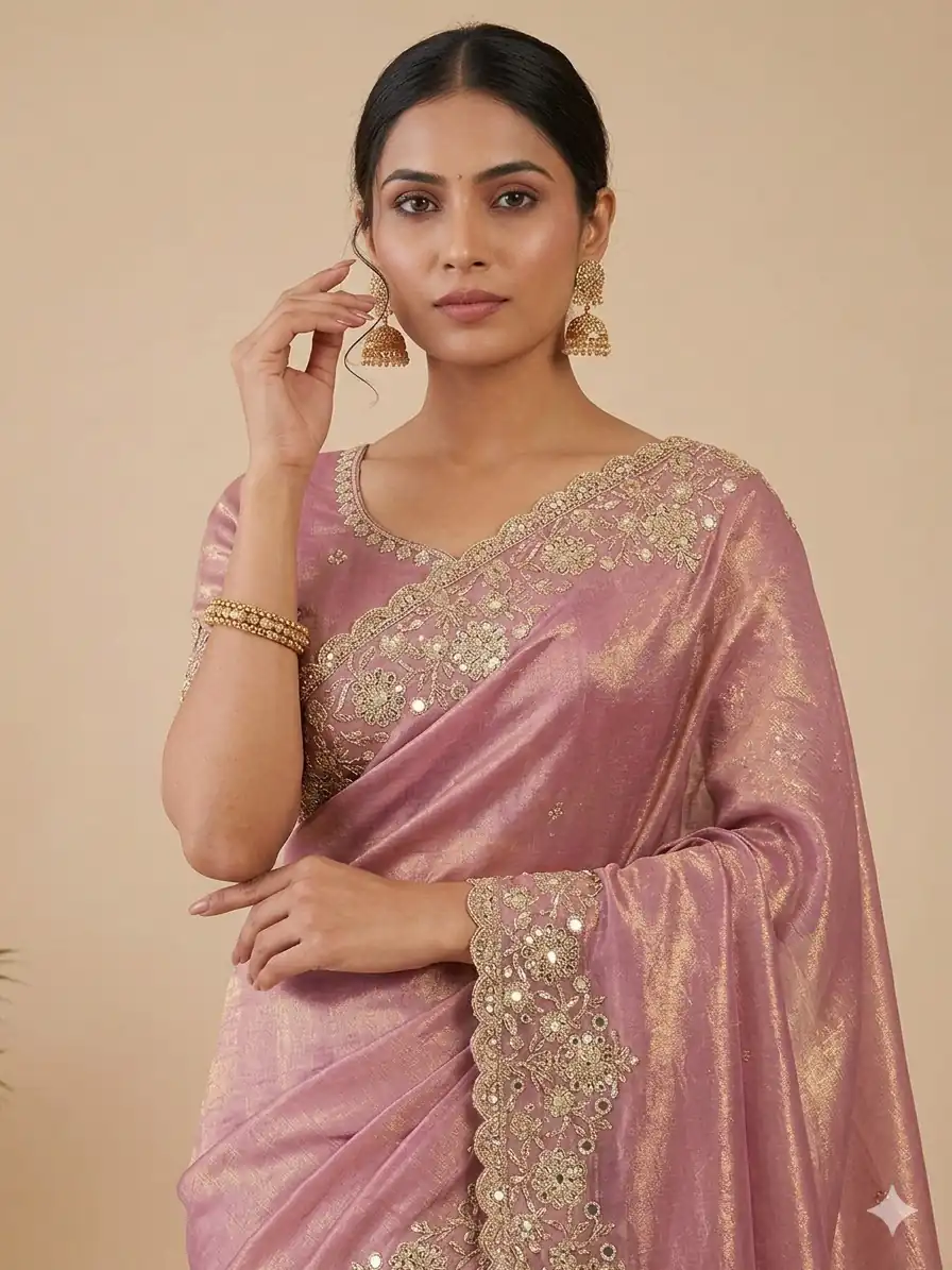 Trendy Peach Space Silk Embroidery Zari Work Saree - Image 2