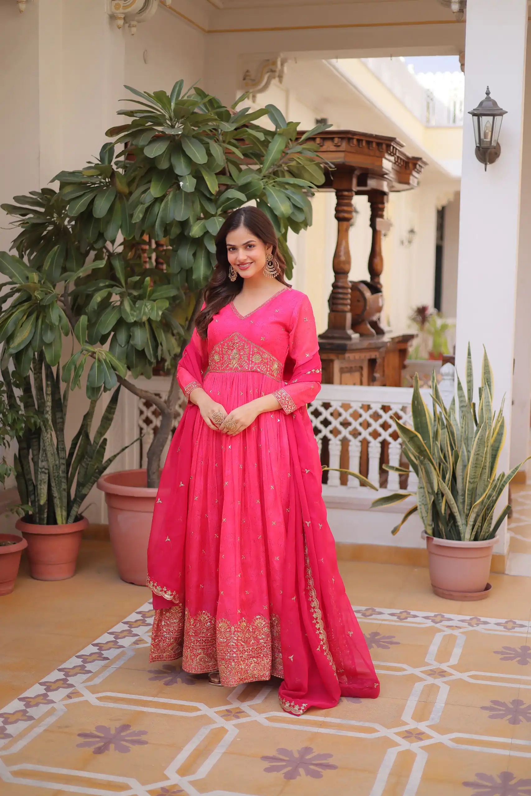 Trendy Pink Russian Silk Zari Embroidery Work Gown - Image 2